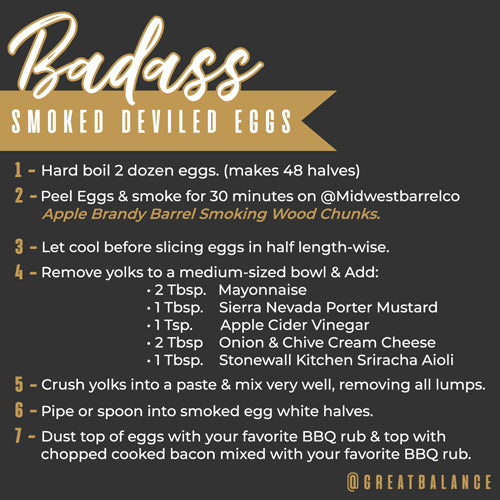 Image with recipe instructions and information for Badass Smoked Deviled Eggs