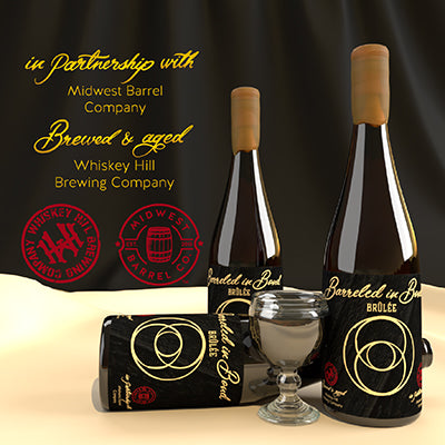 Three bottles of Barreled in Bond Brulée with one laying on its side and a small glass with beer in front