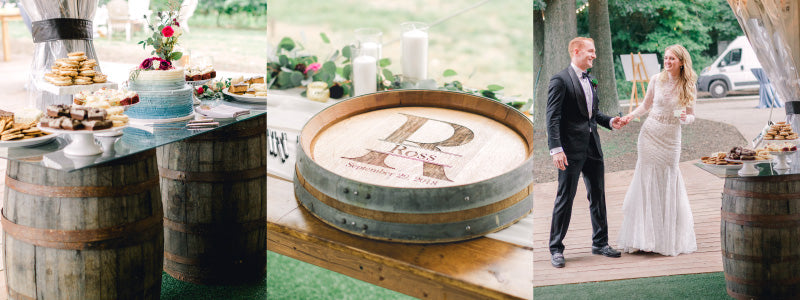 Three pictures: 1) Full-size barrels with wedding desserts on glass tabletop 2) Laser-engraved barrel head with "R" and name "Ross" 3) Bride and groom near full-size barrel with glass tabletop