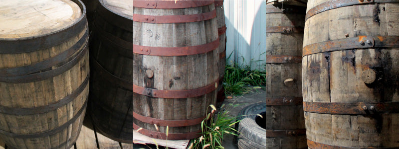 Three photos of different types of whiskey barrels