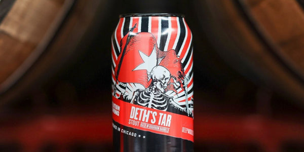 Can of Deth's Tar, a barrel-aged stout beer from Revolution Brewing, with drawing of skeleton waving a flag on the can.