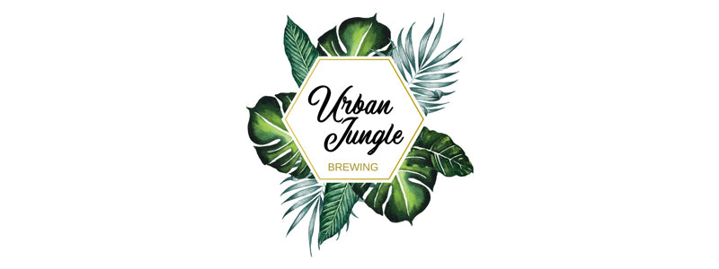 Urban Jungle Brewing logo with brewery name in a hexagon with fern leaves sprouting out from behind the shape