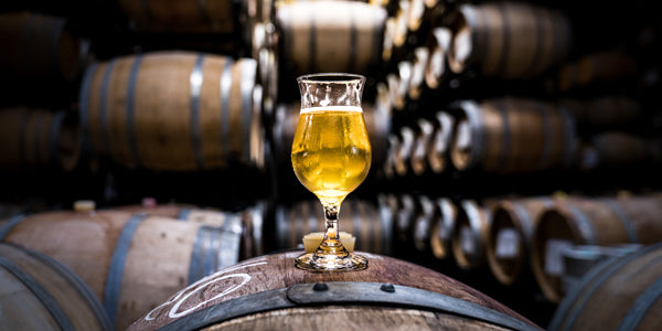 A glass filled with beer resting on top of a barrel with other barrels aging beer in the background.