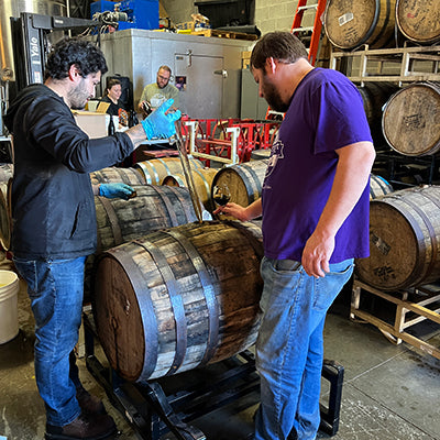 Two brewers take samples out of whiskey barrels aging beer