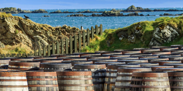 Used rum barrels on an island with view of the ocean