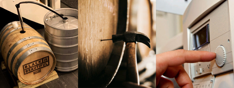 Three photos: Transferring barrel-aged beer at home, inserting a vinnie nail and setting a dial on a machine