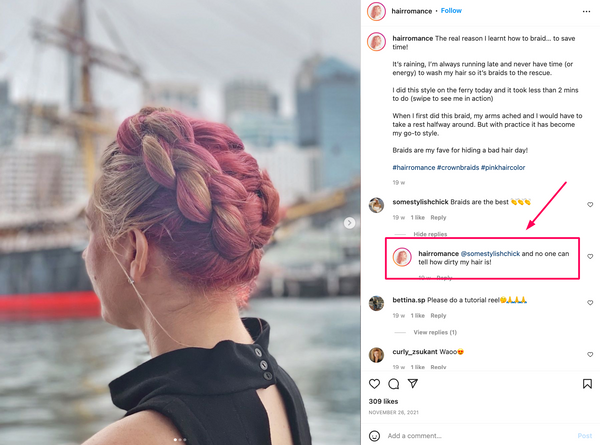 réponse commentaire pour instagram pour salon de coiffure 