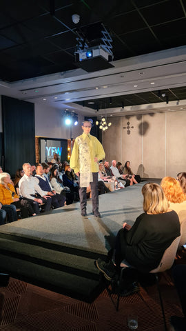 Meadowsweet and Myrtle X Contrary To Reason embroidery shirt, modelled on the runway at York Fashion Week, May 2022