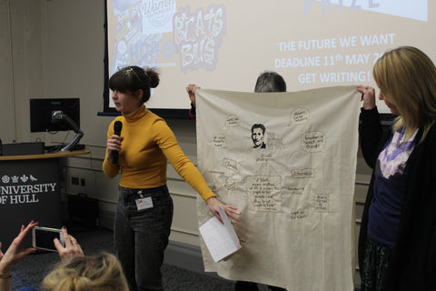 The orwell youth prize.  Rachel Anderson, textile artist, explaining the embroidery piece that documented the days workshop