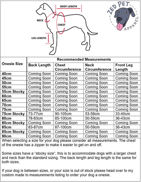 Dog Onesie Size Chart