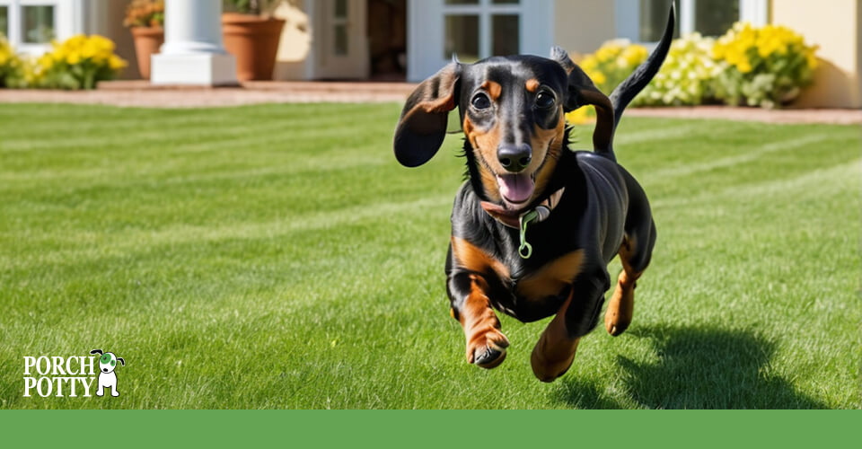 A smiling Dachshund prances across his back garden