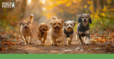 Five dogs walk in a line side by side through a field