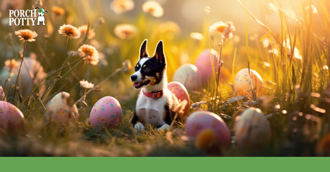 A tiny dog lays in a field with Easter eggs