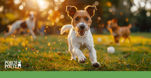 A Jack Russell Terrier runs through a field