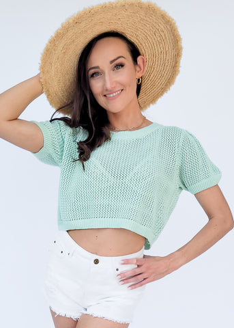 Women's Summer Mint Green Crochet Kint Puff Sleeve Crop Top