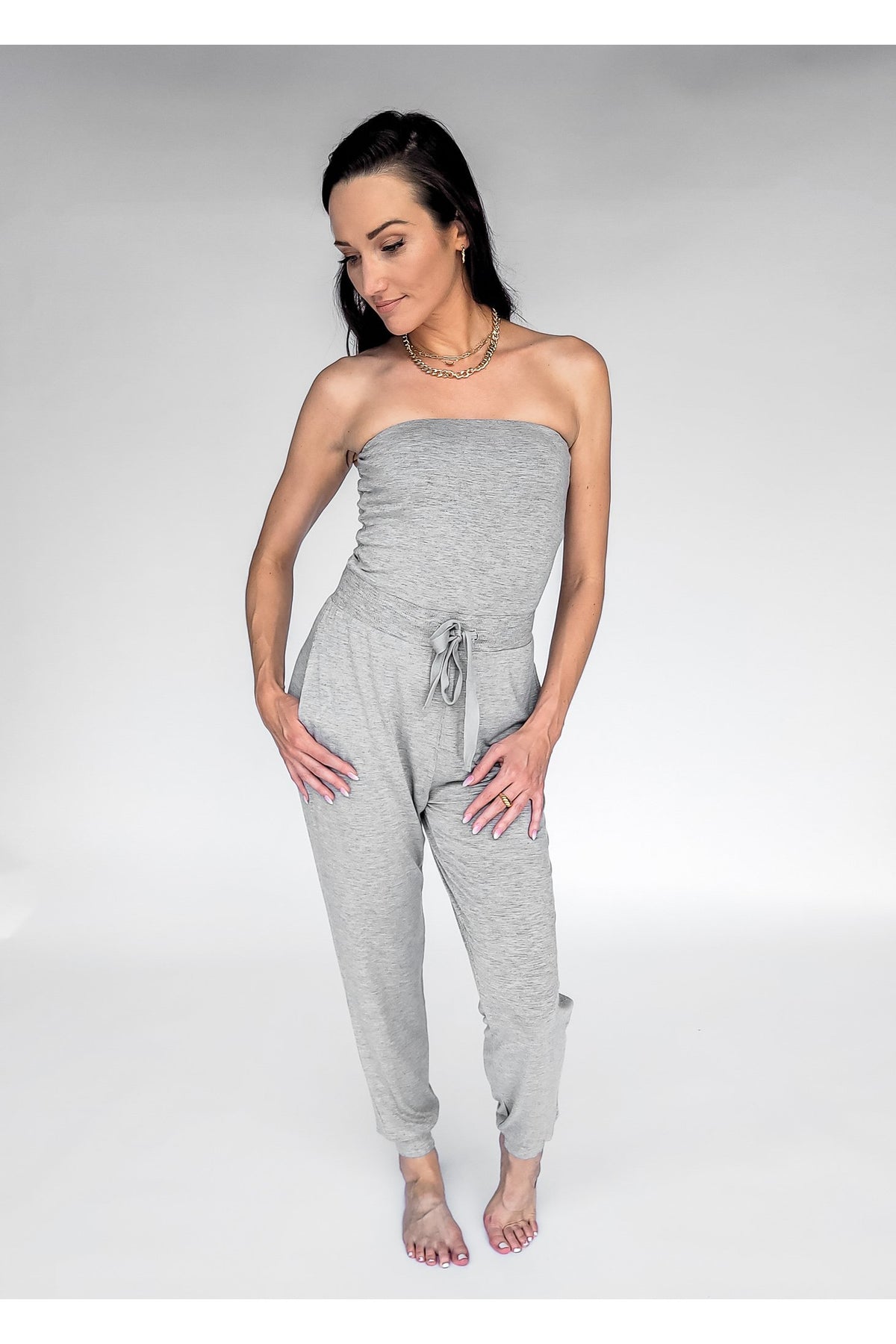 grey tube top jumpsuit