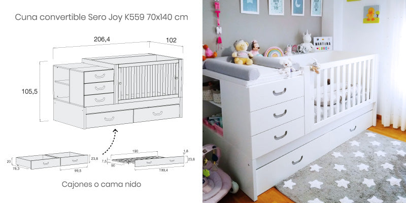 measures convertible crib with trundle bed and drawers Sero Joy Alondra