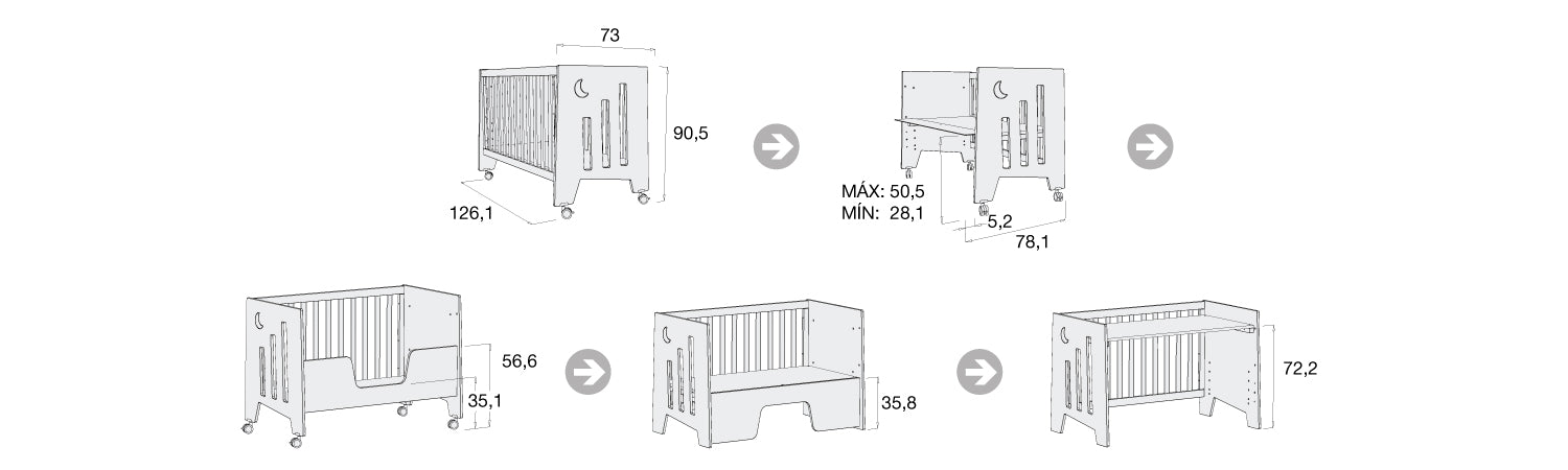 Medidas 5 etapas cuna colecho Omni 60x120cm