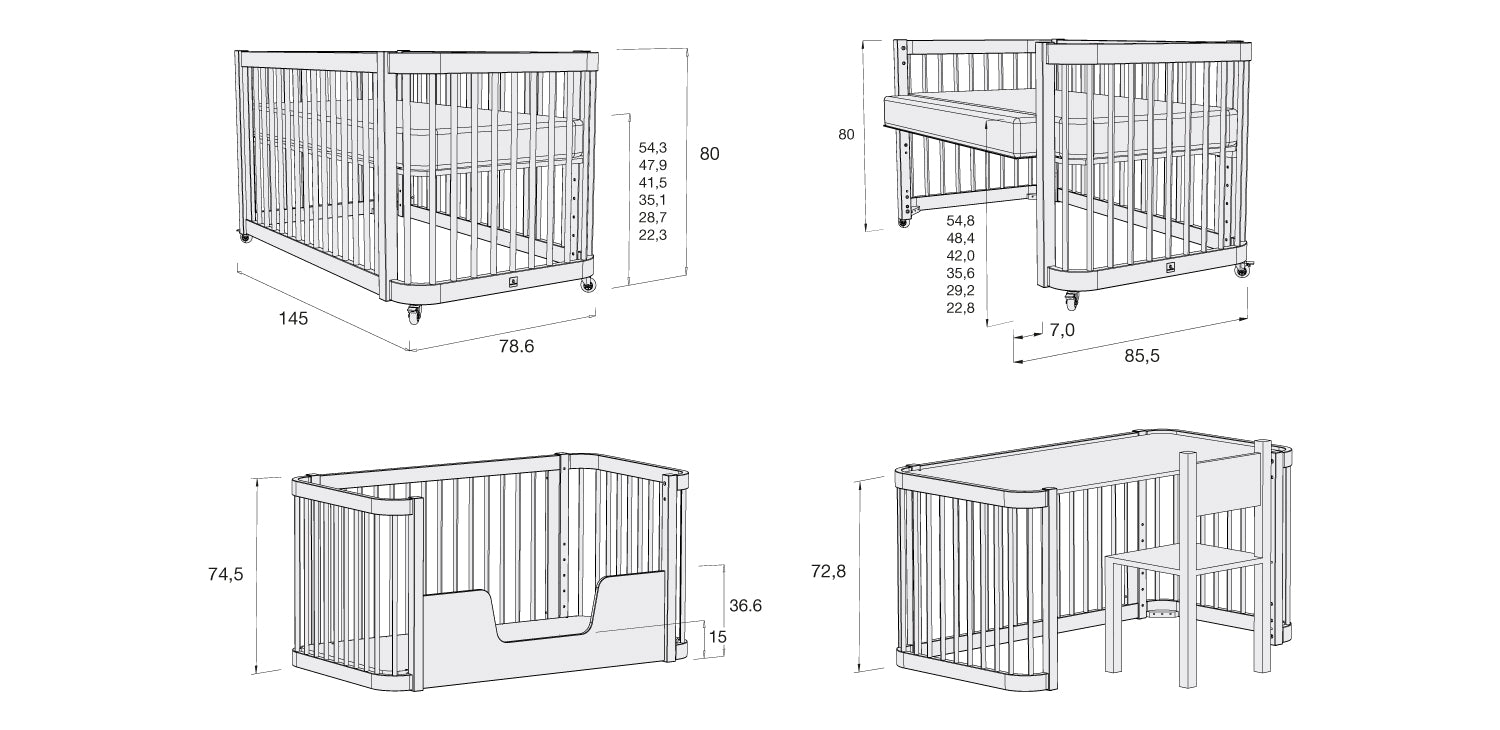 Medidas 3 etapas cuna crea due 70x140cm