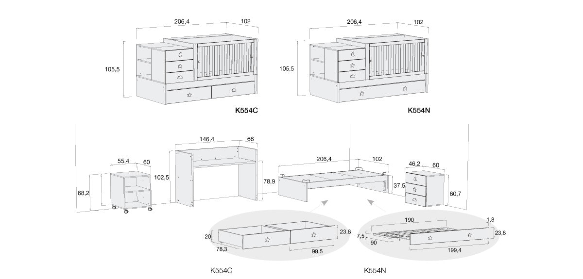 Medidas cuna convertible Sero Bubble 70x140cm