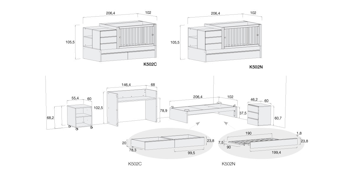 Medidas cuna convertible Sero Evolutive 70x140cm