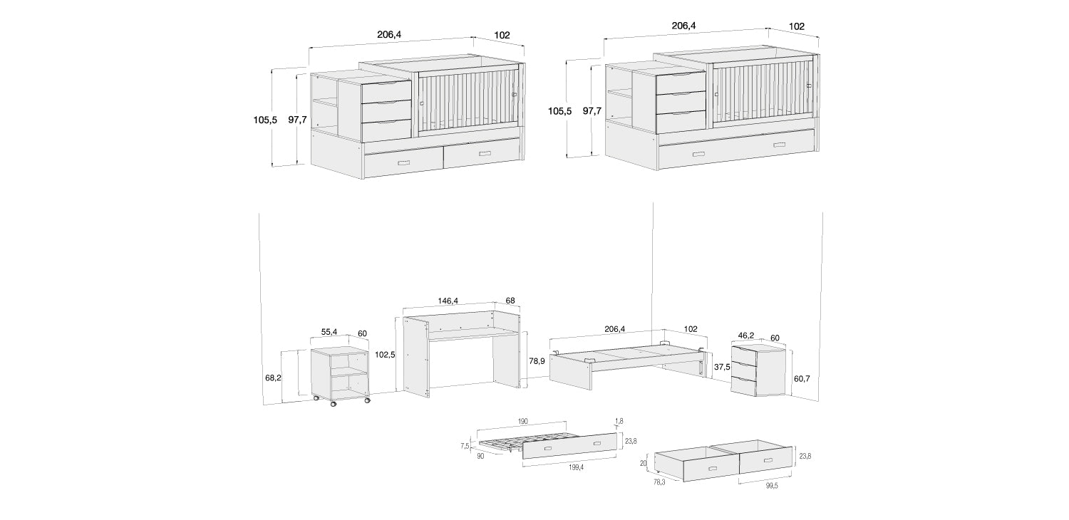 Medidas cuna convertible Sero Loft 70x140cm