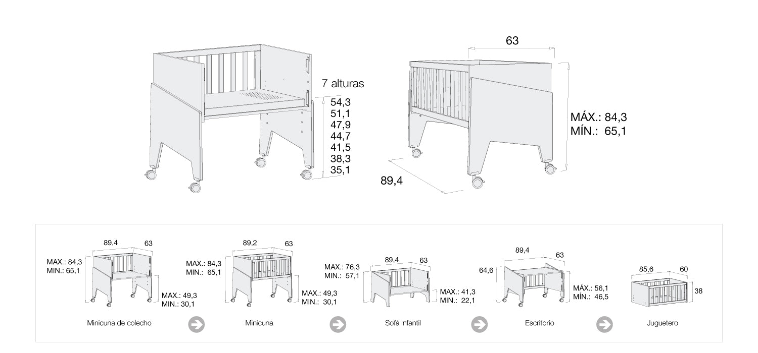 Medidas 5 etapas minicuna colecho Equo 50x80cm