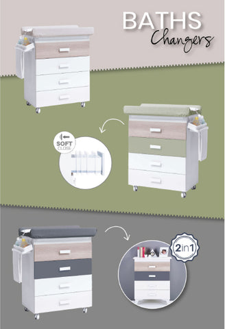 Bath furniture with baby changing table convertible into a chest of drawers