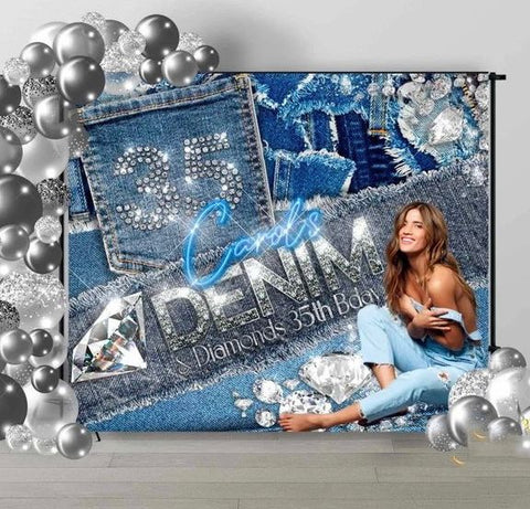 Denim Diamond Birthday Party Decorations, Navy Blue, Silver Balloon Garland  Kit with Explosion Star, Crystal Backdrop, Cone Ball