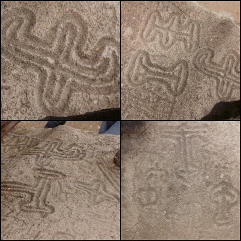 zoomed in photos of the carvings on the boulder