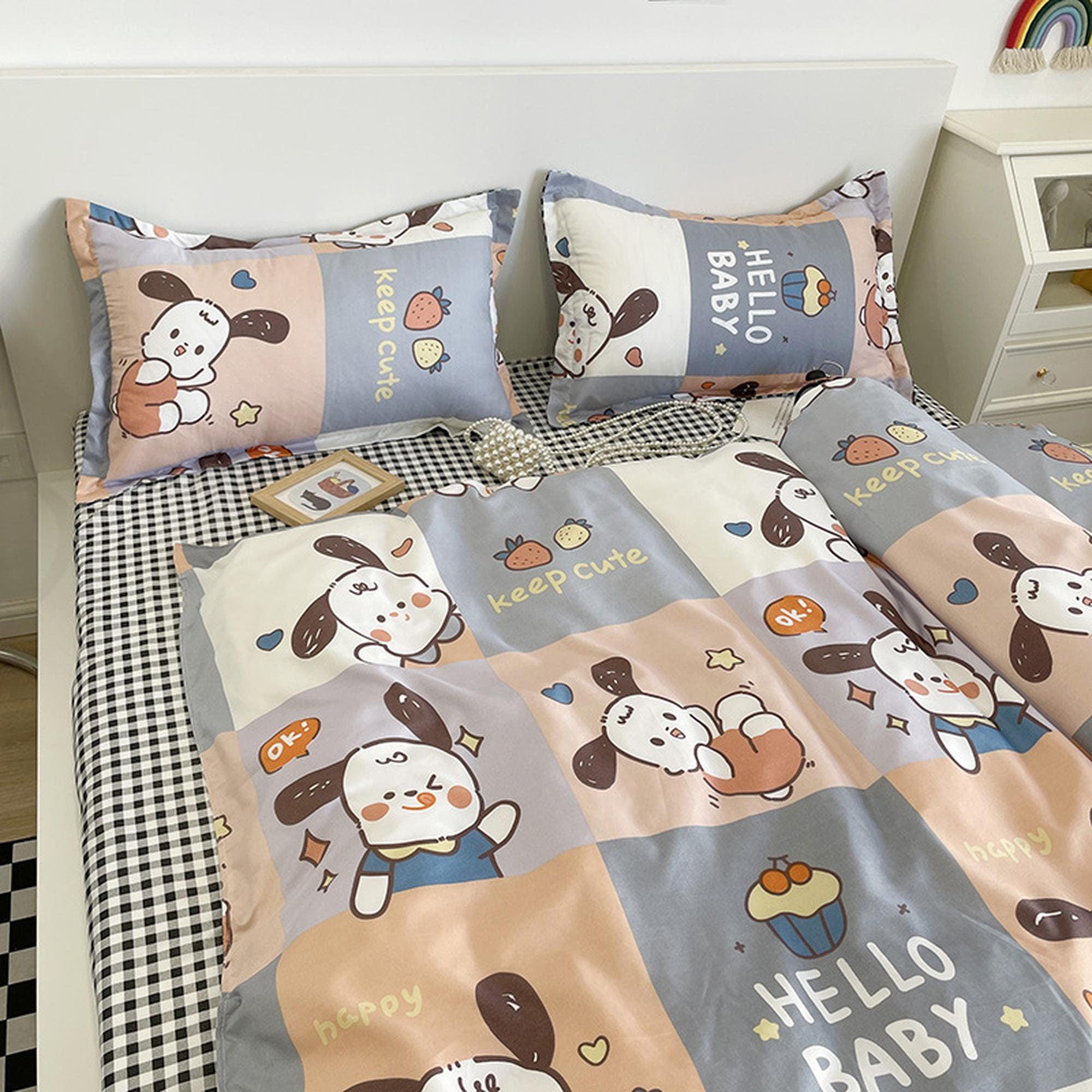 Cute Sage Green Bedding Set Gingham Checkered Bedsheet, Kawaii Dorm Be