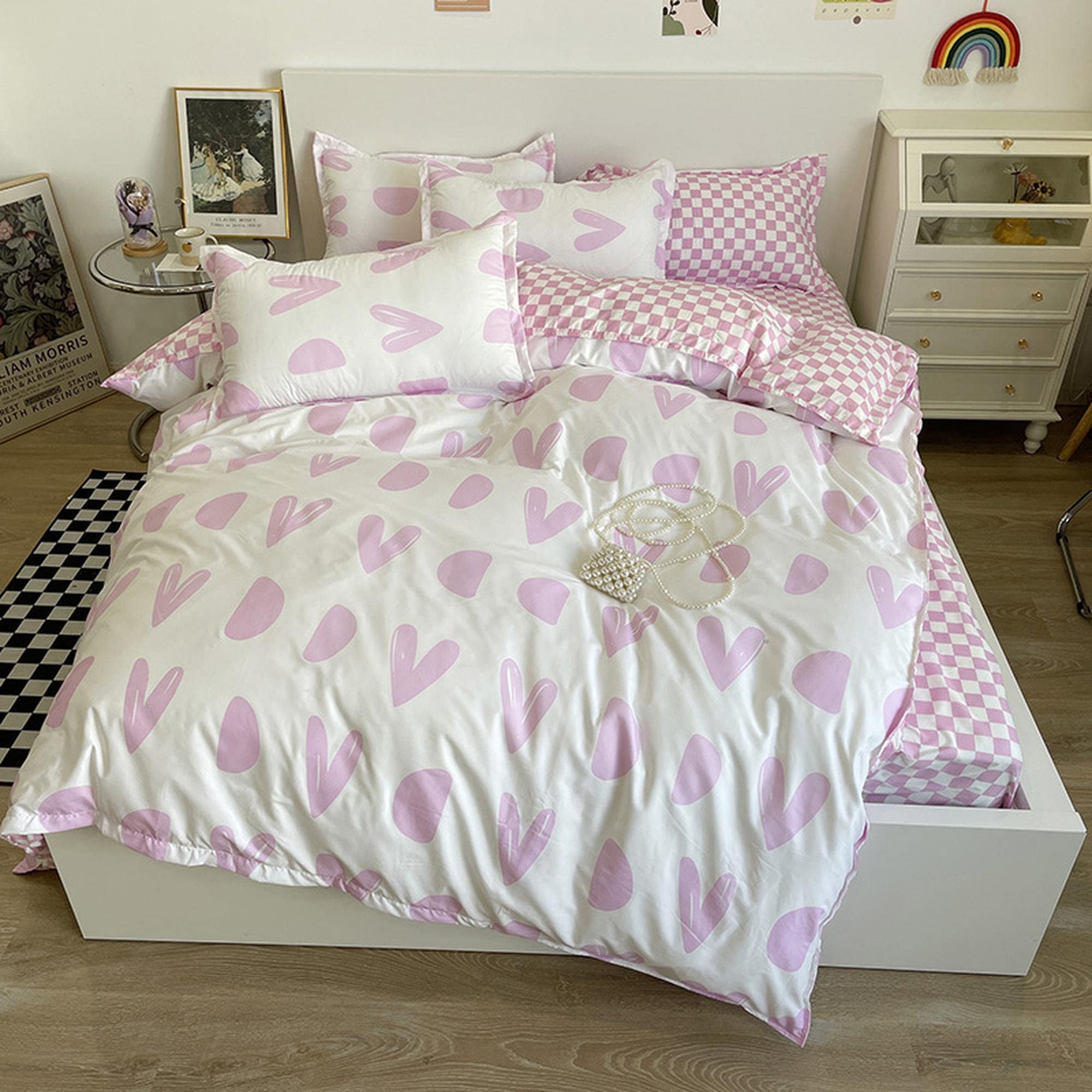 Cute Sage Green Bedding Set Gingham Checkered Bedsheet, Kawaii Dorm Be