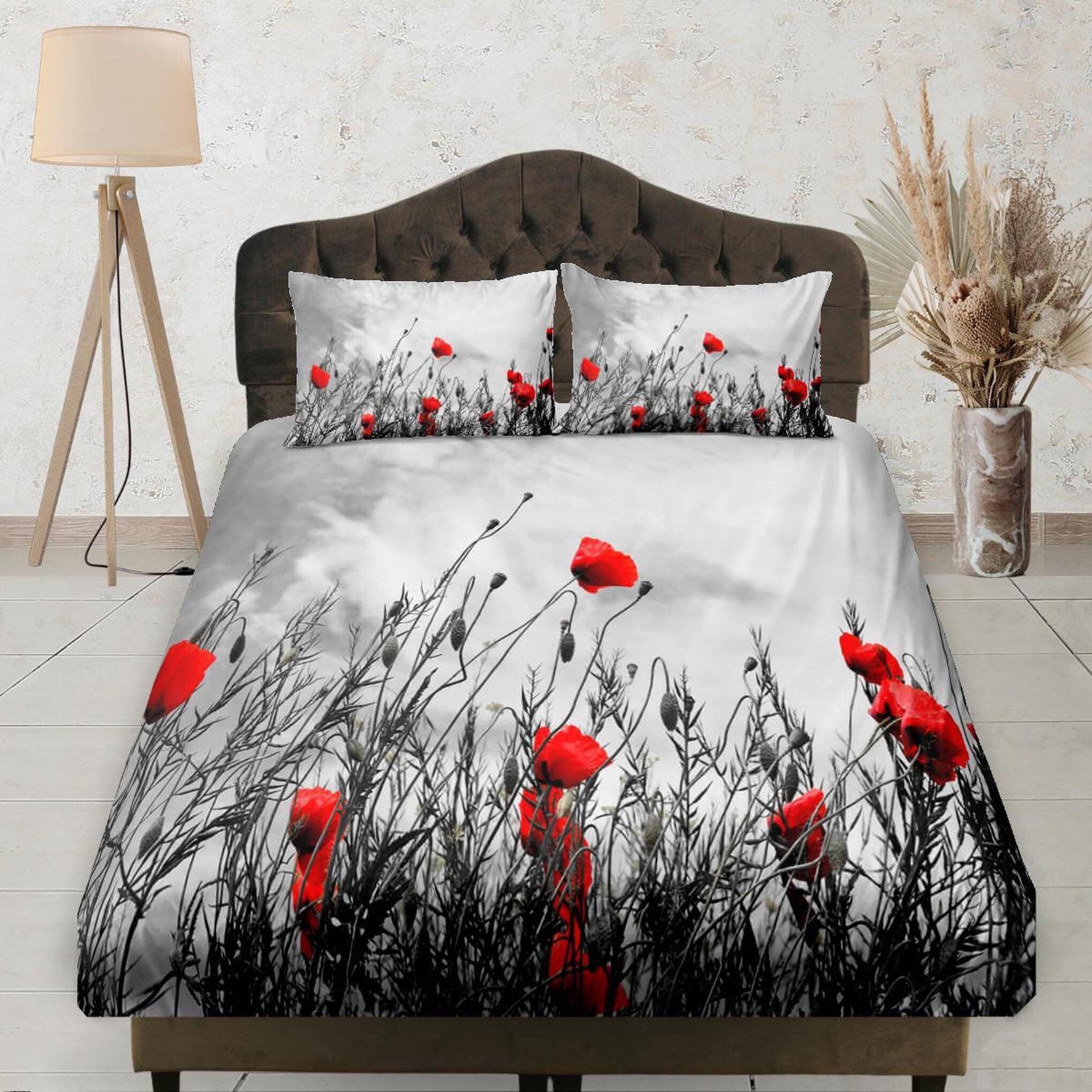 Red Poppy in Monochromatic Scenery Fitted Bed Sheet, Floral Prints, Aesthetic Boho Bedding Set Full, Dorm Bedding, Crib Sheet, King, Queen