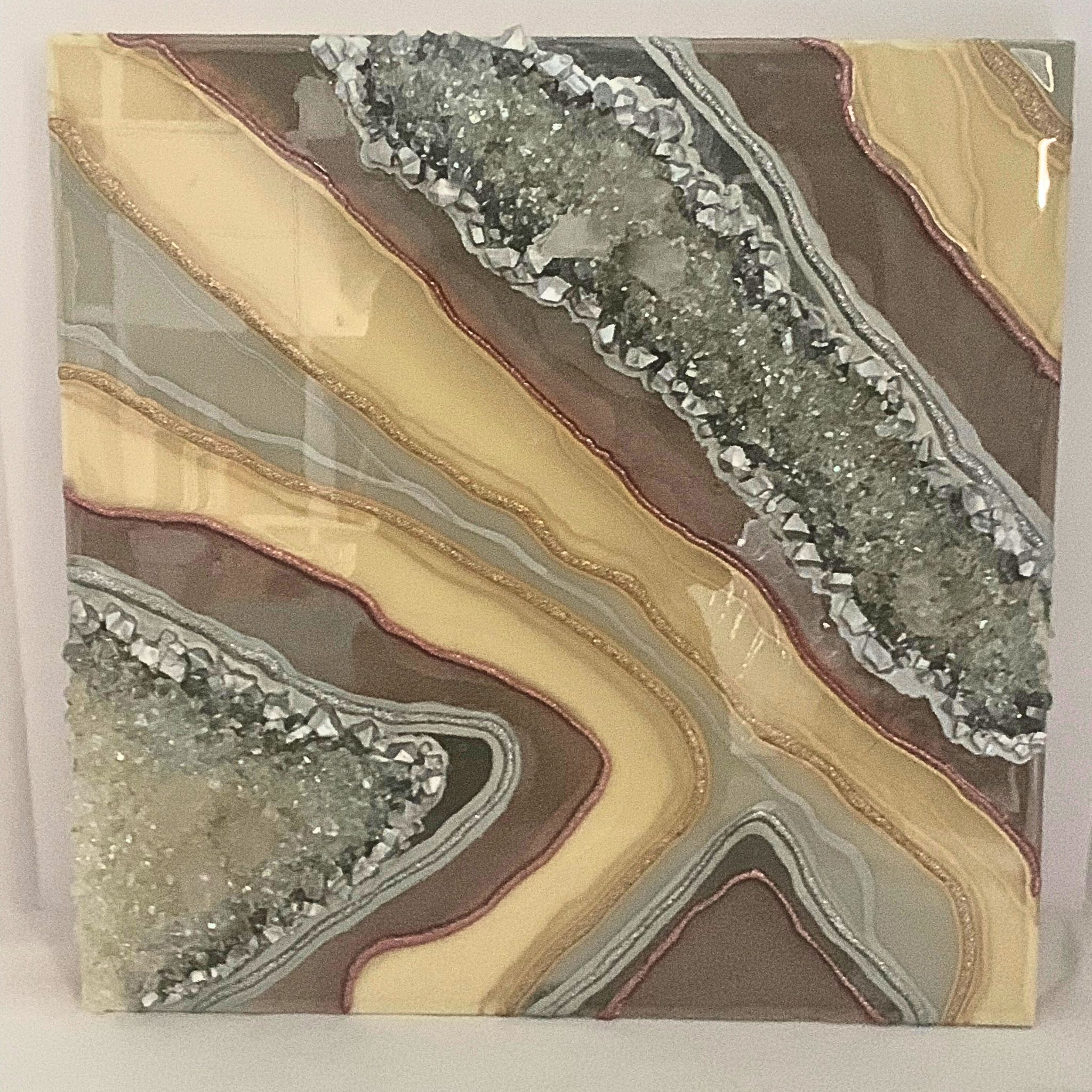 Creamy Mauve & Gray/Silver Crystal Quartz Modern Resin Crystal Art