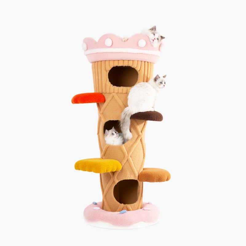 A cone-shaped cat tree with 3 compartments and steps that will help a cat to climb and lounge