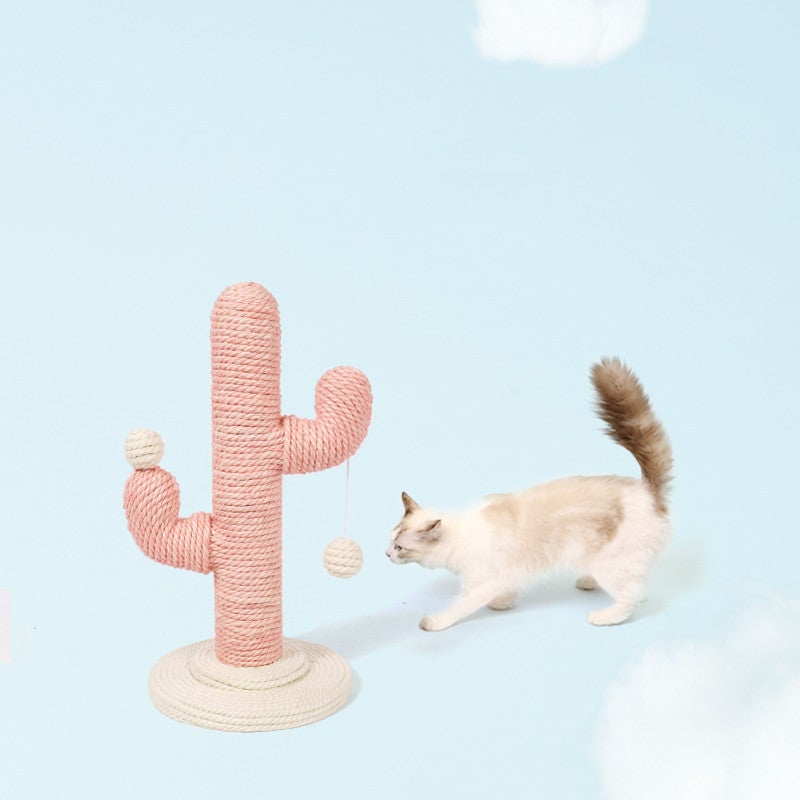 A pink cactus-shaped scratching post wrapped with rope