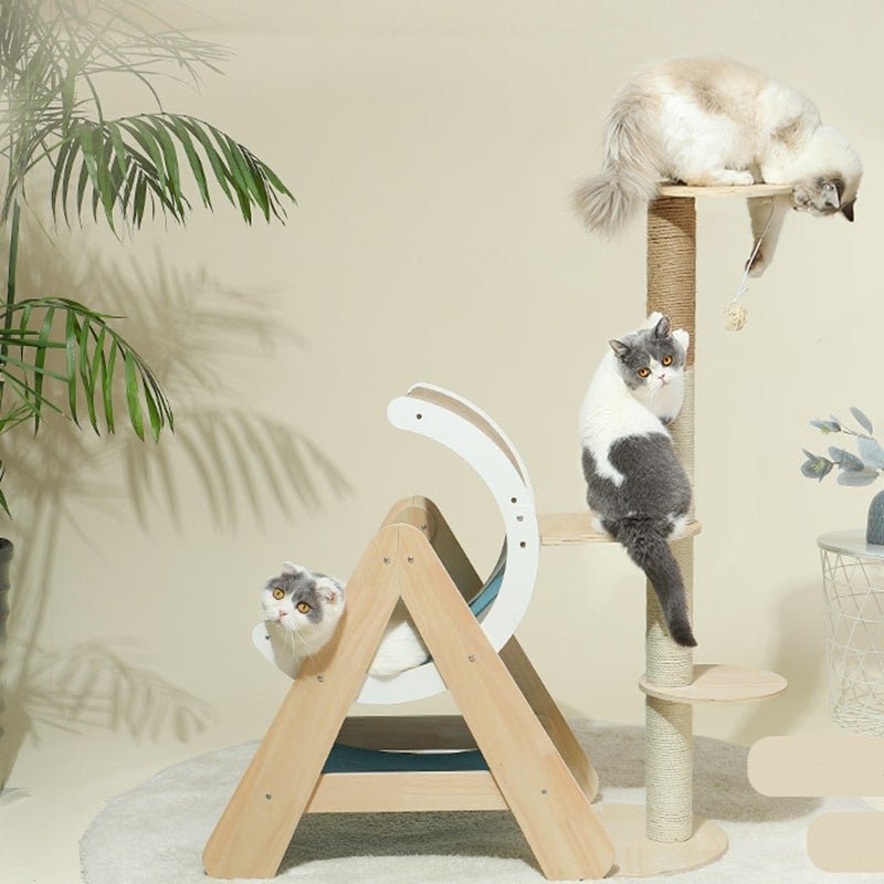 Three cats playing in a Moon Ship Cat Tree