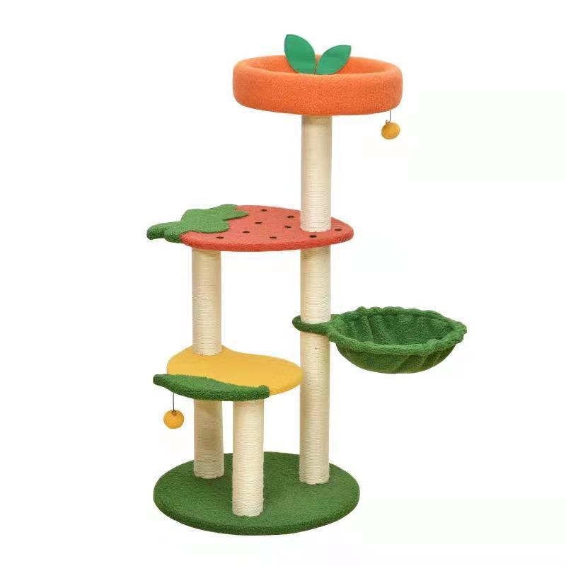 A fruit-themed cat tree design with cat hammock and scratching post, the colors include a bright orange bed for cats to lounge. Also, it includes strawberry and mango inspired cat tree levels