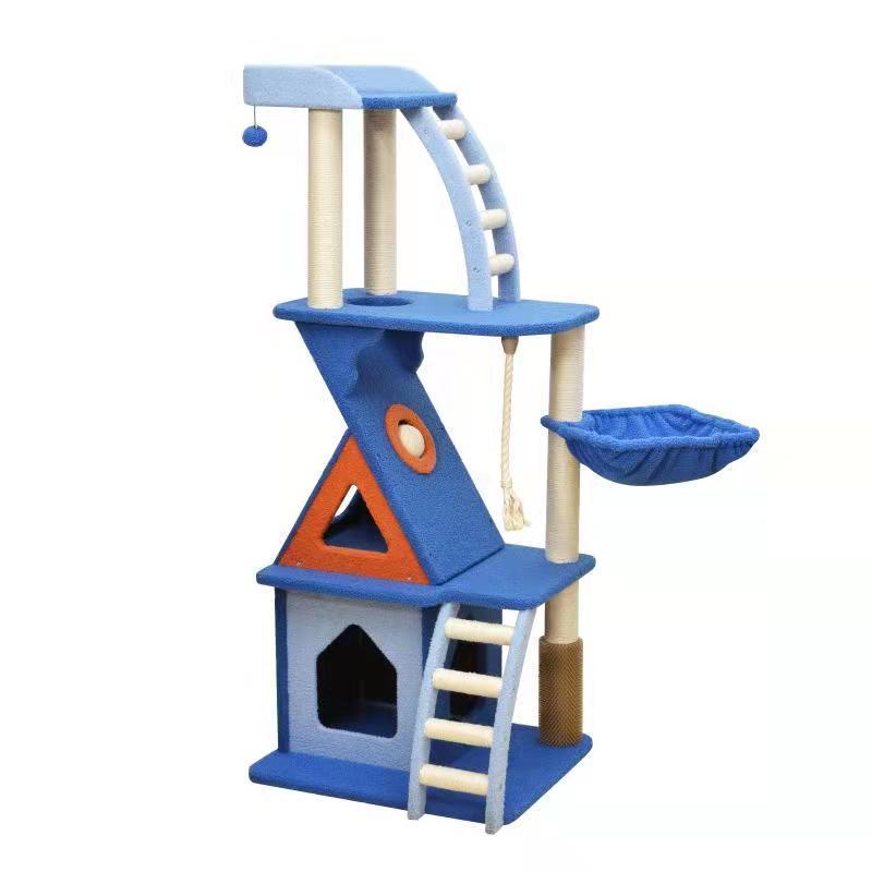 A cat tree that mimics a tiny house in blue and bright orange color. It has tiny stairs for cats to climb and a cat condo house along with a  cat hammock.