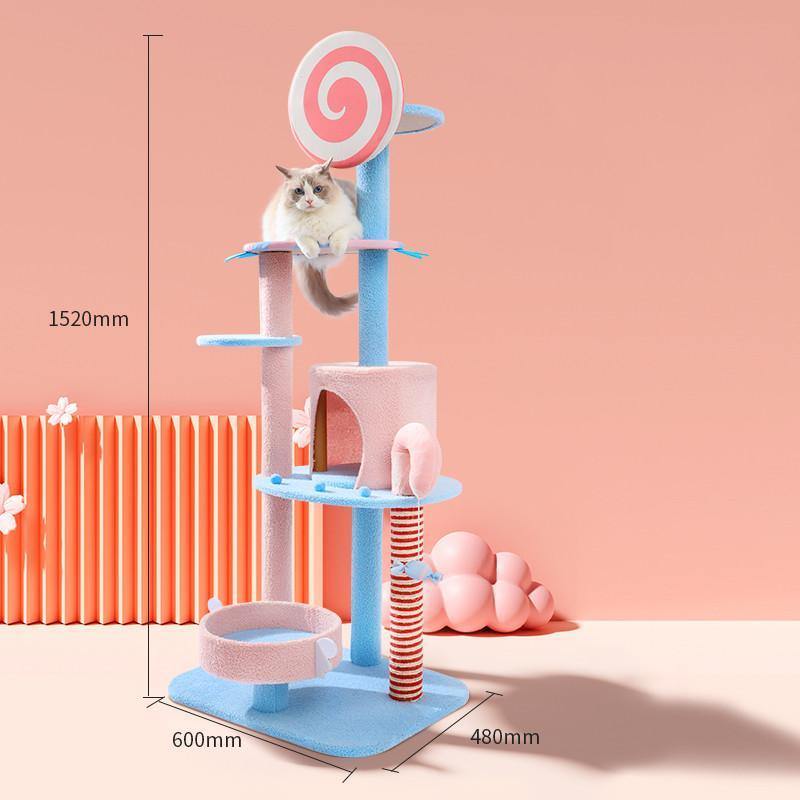 A candy-inspired cat tree design with swirls at the top and a pink cat condo where a cat can lounge and relax. This cat tree is best for large cats.