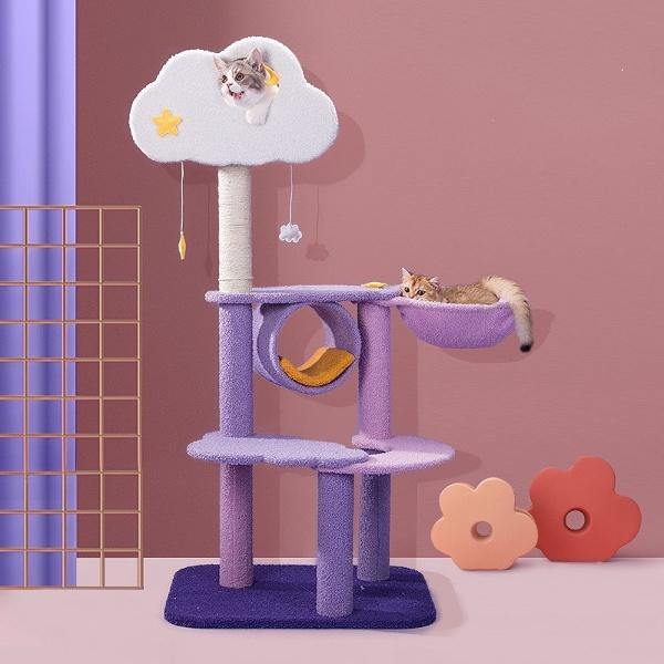 A violet fantasy cat tree design that is out of this world, its features includes a cat condo and a cat hammock
