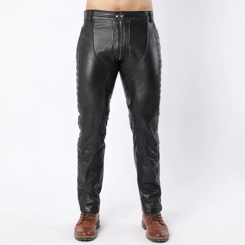 Mens Black Quilted Full Back Zipper Biker Pants
