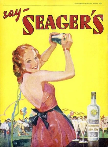 vintage gin poster of woman holding a cocktail shaker with the text "say Seager's" at the top