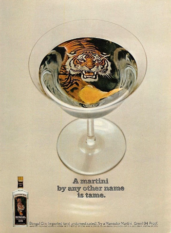 A vintage gin poster that depicts a painting of a tiger in a martini glass to advertise Bengal gin
