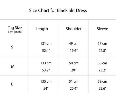 Black slit dress size chart