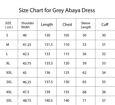 Smamz size chart, grey abaya dress