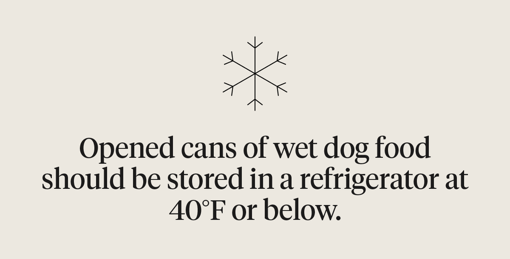 Opened cans of wet dog food should be stored in a refrigerator at  40°F or below