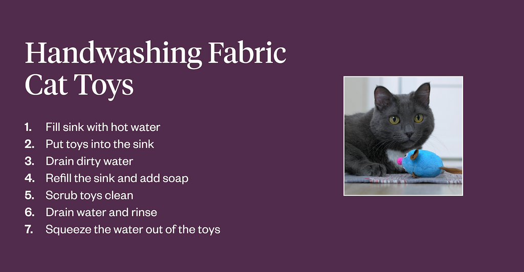 Graphic with instructions to handwash fabric cat toys