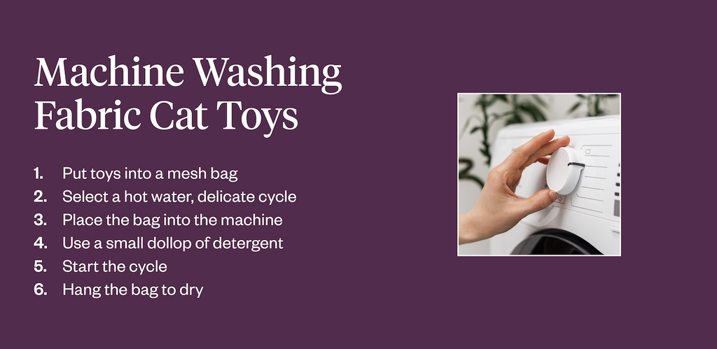 Graphic with instructions to machine wash fabric cat toys