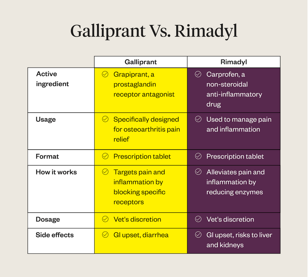 Galliprant vs. Rimadyl comparison chart